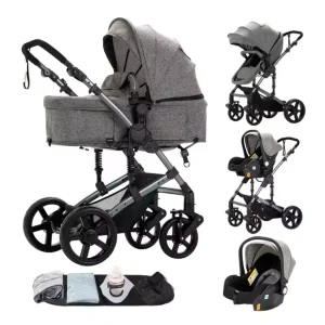 3-in-1 Baby Kinderwagen met Hoge Zit – Opvouwbare Reiswieg en Autostoeloptie