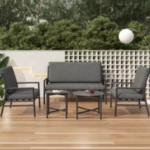 4-delige Outdoor Bankstel – Weerbestendig Metalen Frame met Verwijderbare Grijze Kussens, 2 Koffietafels voor Tuin en Terras